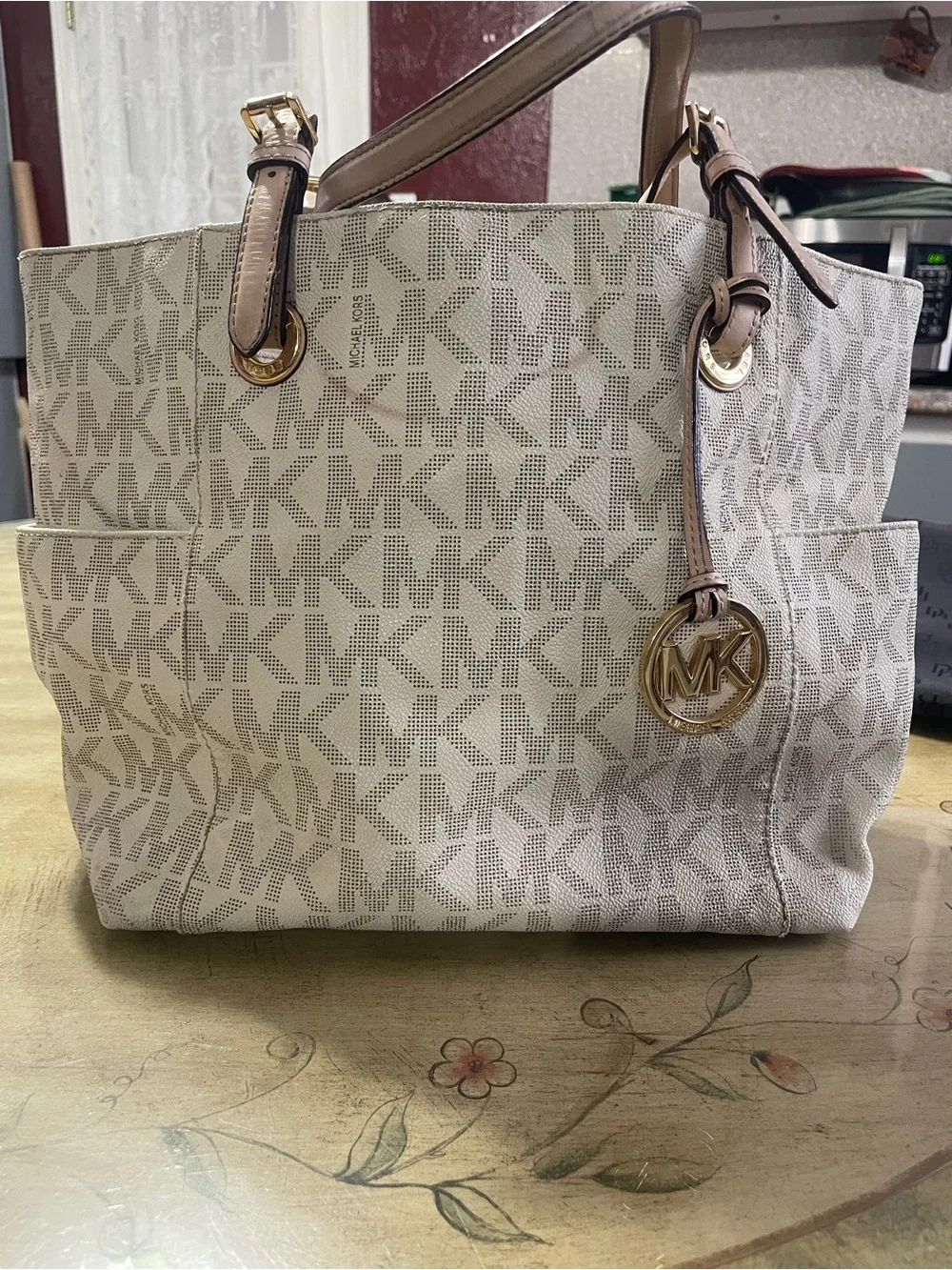 Michael Kors Cream Logo Tote with Tan Straps